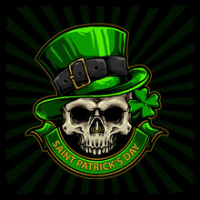 Skull With Green Hat And Four Leaf Clover For St Patrick Day Hand Drawn Vector