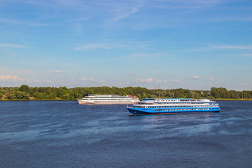 ship on the Volga river near the Spit of Yaroslavl