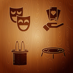 Poster - Set Jumping trampoline, Comedy theatrical masks, Magician hat and rabbit ears and Hand holding playing cards on wooden background. Vector