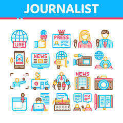 Canvas Print - Journalist Reporter Collection Icons Set Vector Thin Line. Journalist And Hand With Microphone, Video And Photo Camera, Press And Live News Concept Linear Pictograms. Color Contour Illustrations