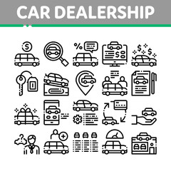 Wall Mural - Car Dealership Shop Collection Icons Set Vector Thin Line. Car Dealership Agreement And Document, Auto Salon And Building, Key And Gps Mark Concept Linear Pictograms. Monochrome Contour Illustrations