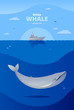 Vector illustrated poster with big white whale in the sea, fishing boat and place for your text. Siutable for poster, banner, cards. 