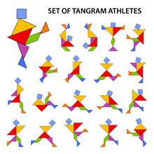 Set Of Vector Tangram Puzzles (geometric Puzzle) For The Development Of Logical Thinking Of Children And Adults. Collection Of 19 Color Shapes Of People-athletes. Vector Illustration