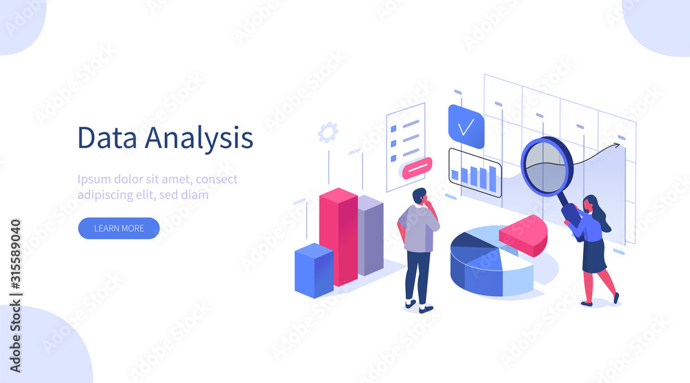 People Characters Working with Data Visualization. Man and Woman Analyzing Tables, Charts and Graphs at Business Dashboard. Digital Data Analysis Concept. Flat Isometric Vector Illustration. - obrazy, fototapety, plakaty 
