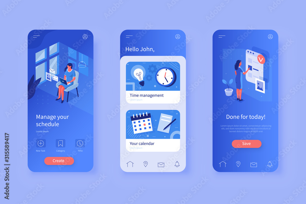 Vector de Stock Mobile App Design Template for Time Management Service ...