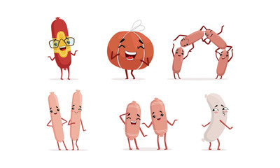 Sticker - Cute Humanized Sausages Collection, Funny Fast Food Characters with Funny Faces, Arms and Legs Vector Illustration