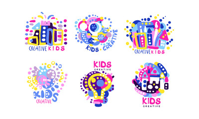 Sticker - Kids Creative Labels Collection, Children Education Class, School Colorful Badges Vector Illustration