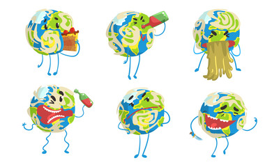 Sticker - Funny Earth Globe Cartoon Character Collection, Comic Planet in Different Situations Vector Illustration