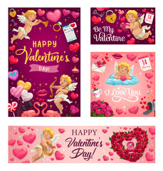 Wall Mural - Happy Valentines day vector greeting card. Pink hearts and cupid with arrows, rose flowers wreath, angel with golden harp and pink flamingo with love lock and key