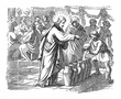Vintage drawing or engraving of biblical story of Jesus changes water in wine at Cana in Galilee. Bible, New Testament,John 2. Biblische Geschichte , Germany 1859.