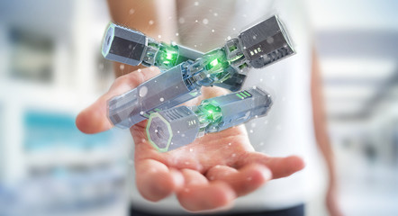 Poster - Man holding and touching green renewable energy battery 3D rendering