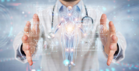 Leinwandbilder - Radiologist using digital x-ray human body holographic scan projection 3D rendering