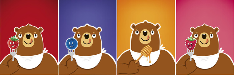 cartoon funny bear eating blueberry, honey, strawberry, raspberry