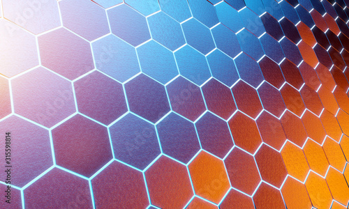Glowing black blue and orange hexagons background pattern on silver metal sur...