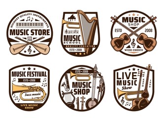 Sticker - Music instruments, live concert and folk band festival, sound equipment shop icons. Vector music instruments, orchestra harp, rock electric guitar and jazz saxophone, classical harp and trumpet