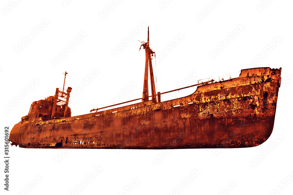 Side view of the rusty shipwreck in Glyfada beach near Gytheio, Gythio Laconia, Peloponnese, Greece. Isolated on white background with copy space. - obrazy, fototapety, plakaty 