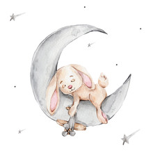 Little Cute Bunny Sleeping On The Grey Moon With Toy Airplane; Watercolor Hand Draw Illustration; Can Be Used For Cards And Baby Shower; With White Isolated Background