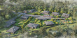 © Free_styler - Aerial view of a townhouse village / gated community in the foggy morning, 3d rendering