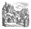 Vintage drawing or engraving of biblical story of Jesus teaching the crowd, sermon on the mount. Bible, New Testament,Mathew 5. Biblische Geschichte , Germany 1859.