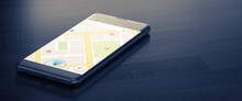 GEO TARGETING On A Mobile Phone. Online Map On A Screen. Close-up Image Of Modern Smartphone With Mao Or Geo Tracking On Dark Surface. Map Tracking Or Geolocation Concept. 3D Render.