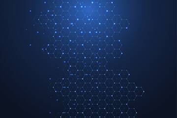 Fototapete - Technology abstract lines and dots connect background with hexagons. Hexagons connection digital data and big data concept. Hex digital data visualization. Vector illustration.