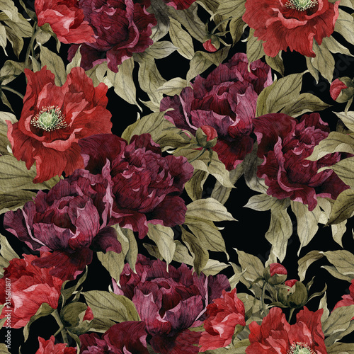 Fototapeta na wymiar Seamless floral pattern with peonies, watercolor.