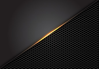 Abstract gold light slash on dark hexagon  mesh with grey blank space luxury design modern futuristic background vector illustration.