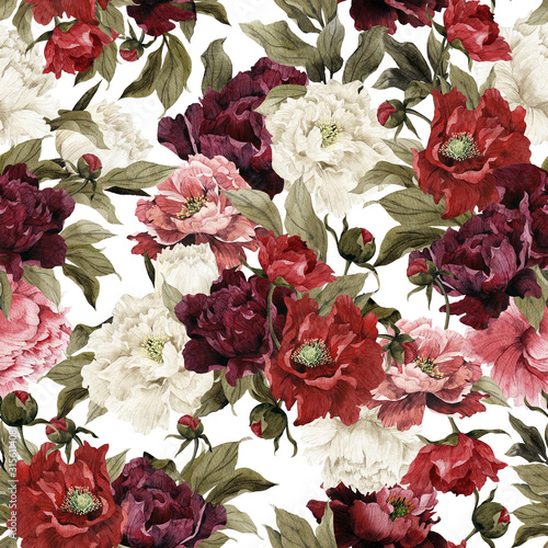 Tapeta ścienna na wymiar Seamless floral pattern with peonies, watercolor.