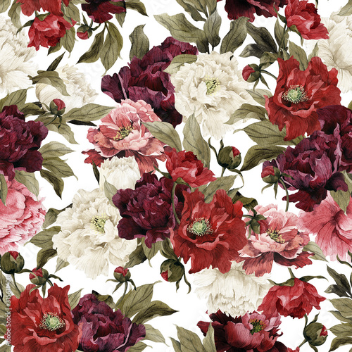 Fototapeta do kuchni Seamless floral pattern with peonies, watercolor.