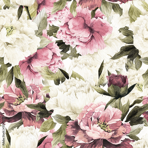 Naklejka - mata magnetyczna na lodówkę Seamless floral pattern with peonies, watercolor.