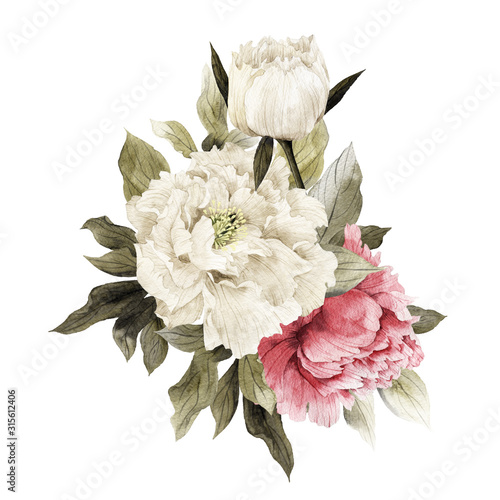 Bouquet of peonies, watercolor, can be used as greeting card, invitation card...