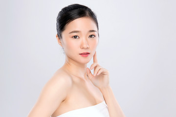 Portrait beautiful young asian woman clean fresh bare skin concept. Asian girl beauty face skincare and health wellness, Facial treatment, Perfect skin, Natural make up, on white background