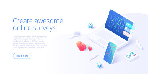 online survey concept in isometric vector illustration. feedback checklist or rating with smartphone
