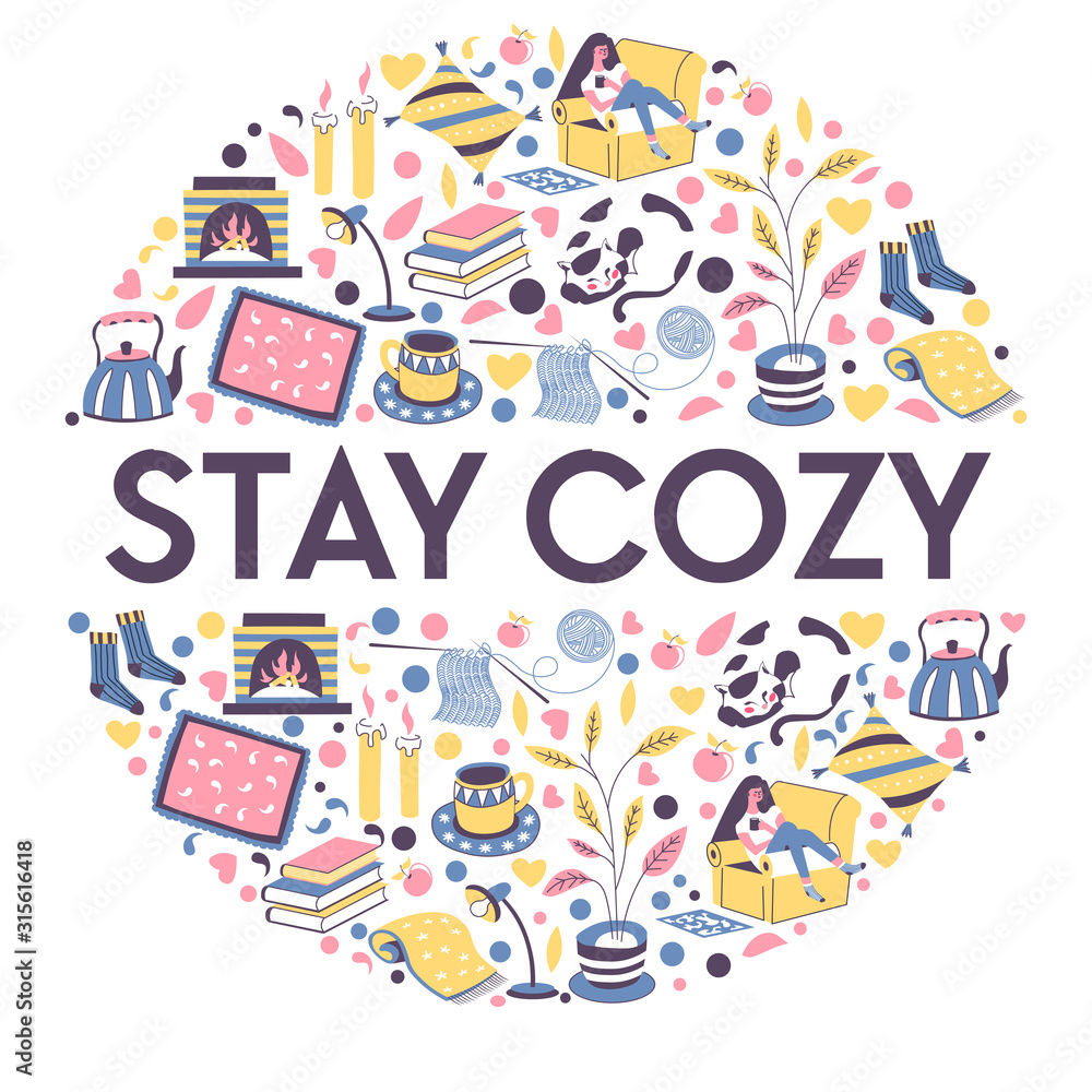 Stay cozy banner with icons for relaxing winter evening indoors - obrazy, fototapety, plakaty 