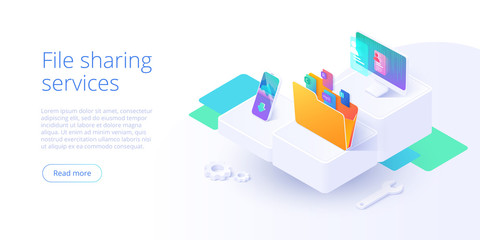 Cloud storage folder isometric vector illustration. Digital file organization service or app with data transfering. Online computing technology. Internet server or datacenter connection network.