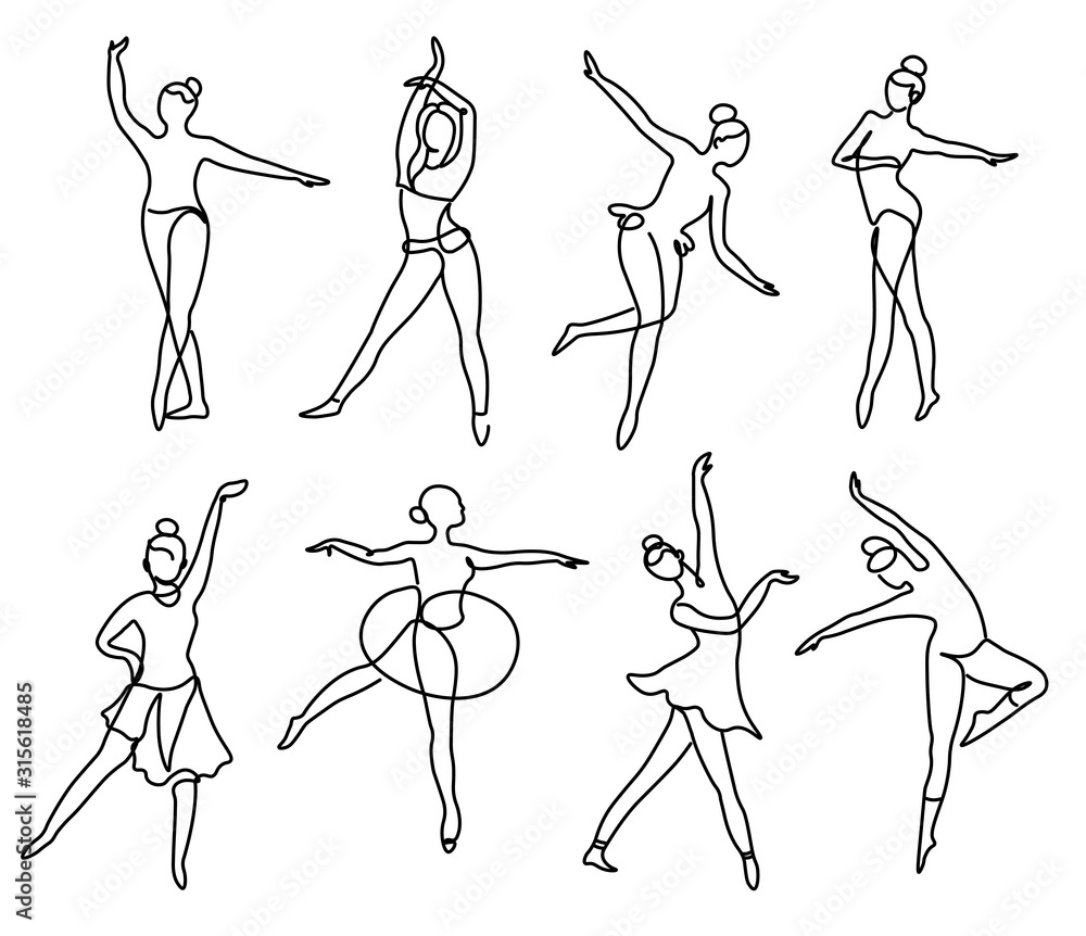Continuous line sketch drawing of ballet dancer different positions ...