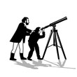 A view of the sky. Illustration of people trying to discover the secret of the universe through a telescope