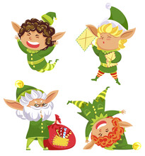 Set Of Elves, Winter Character Wearing Green Costumes. Isolated Dwarfs Collection, Kids With Letters And Bag Filled With Candies And Traditional Christmas Treats. Leprechaun Jumping And Smiling Vector