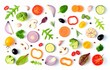 © craevschii - Food pattern with raw fresh ingredients of salad - tomato, cucumber, onion, herbs. Vegetables isolated on white background. Healthy eating concept. Flat lay, top view.