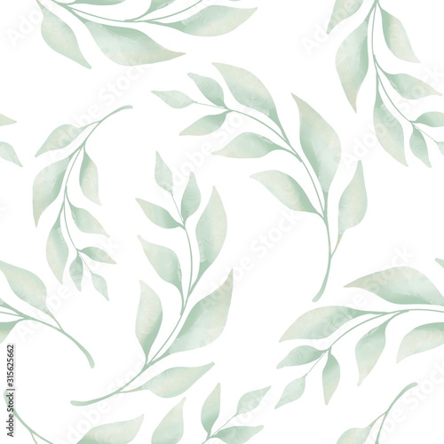 Green leaves and branches seamless pattern on white. Watercolor illustration