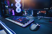 The Abstract Image Of The Gamer's Desk Consisting Of The Desktop Computer And Gaming Gear. The Concept Of Activities, Gaming, Technology, Lifestyle, Education, E-sport And Internet Of Things.