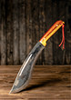 The black knife on wooden , wooden background.