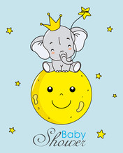 Cute Elephant Sitting On The Moon. Baby Boy Shower Card
