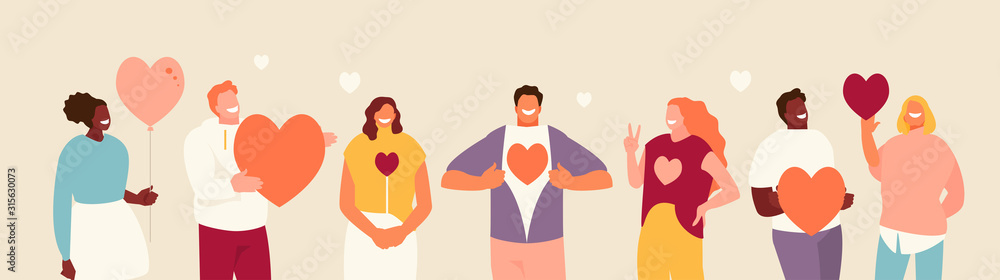 Smiling people group holding hearts. Valentine s Day. Love and volunteering vector illustration - obrazy, fototapety, plakaty 