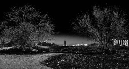 Rural landscape and between the two trees the city