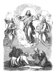 Vintage drawing or engraving of biblical story of Jesus talking with Moses and Elijah.Bible, New Testament,Matthew 17. Biblische Geschichte , Germany 1859.
