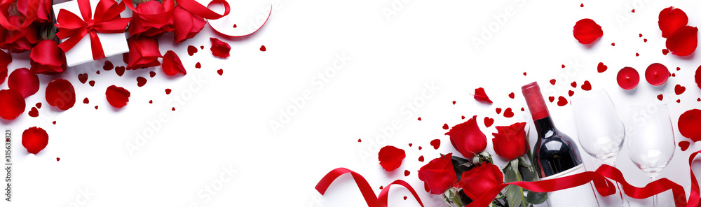 Valentine Gift With Wine And Roses - obrazy, fototapety, plakaty 