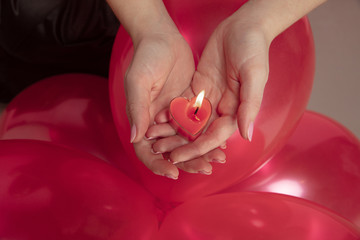 Wall Mural - valentine's day celebration, close up of caucasian woman's hands holding marriage ring on coral stud