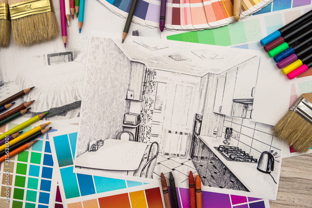 Interior design concept - apartment sketch with color palette and tools ...