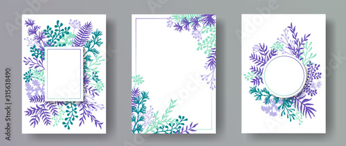 Cute herb twigs, tree branches, flowers floral invitation cards set. Plants b...